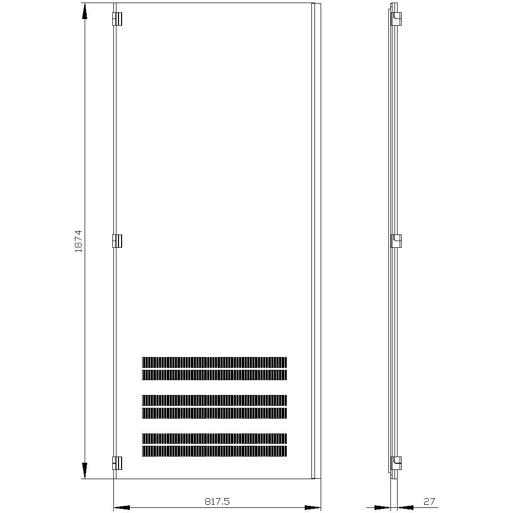 Technical drawing of a door leaf with dimensions: Height 1,874 mm, Width 817.5 mm, Thickness 27 mm. Ventilation slots in the lower section.