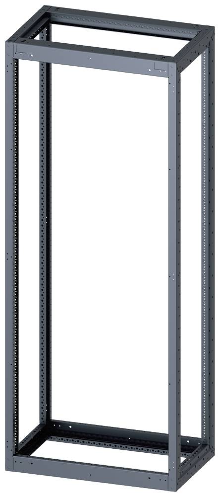Metal frame of an empty server rack, showing vertical mounting brackets and attachment points for the installation of IT equipment.
