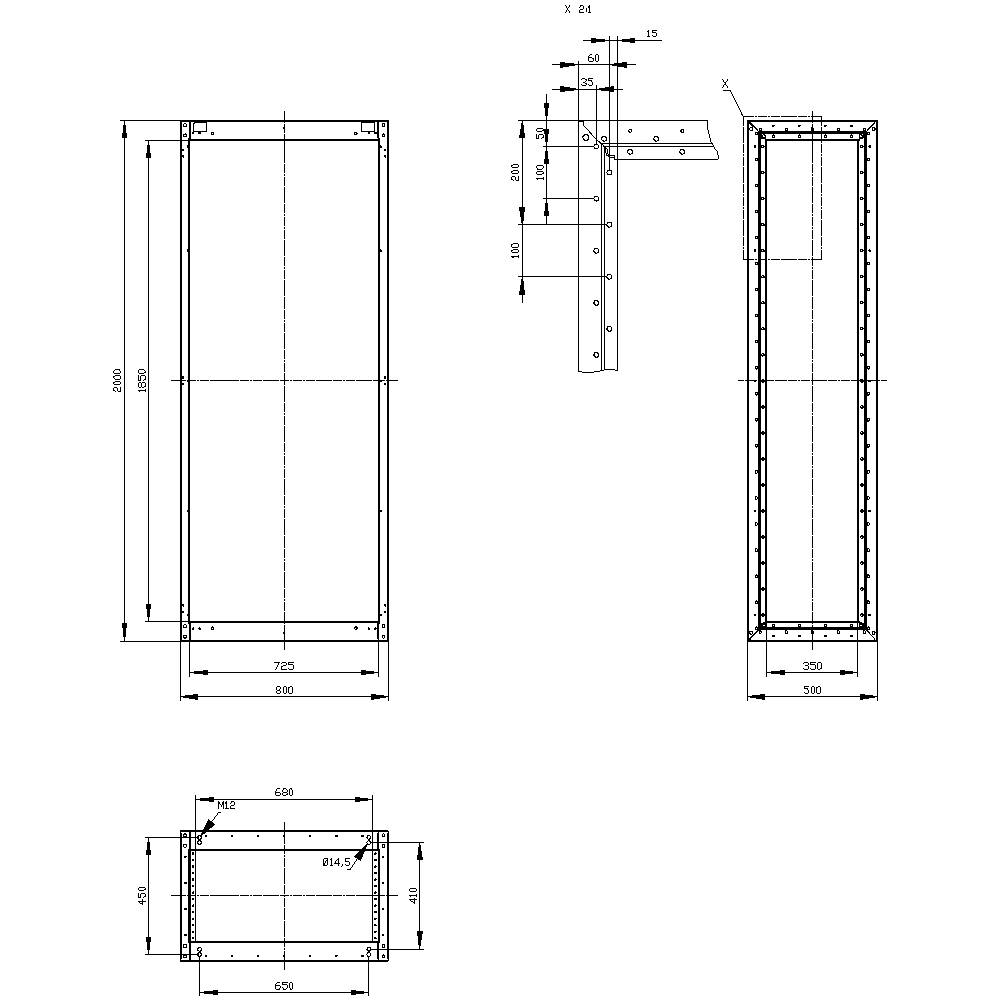 Construction drawing of a rectangular metal frame with various views and precise dimensional specifications in millimetres.