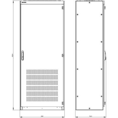 'Frontal view of a metal enclosure with ventilation slots at the bottom; dimensions: height 896 mm, width 698 mm, depth 563 mm.'