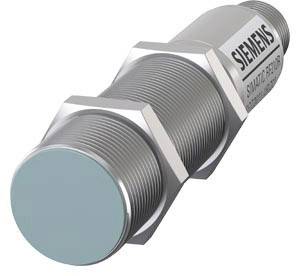 A cylindrical metal proximity switch with the 'Siemens' logo, suitable for non-contact object detection.