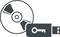 'Icon of a CD next to a USB stick with a key symbol, symbolising software licensing or data encryption.'