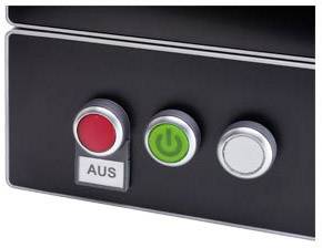 Three buttons on a control panel: Large red button with 'OFF', green button with power-on symbol, grey button without symbol.