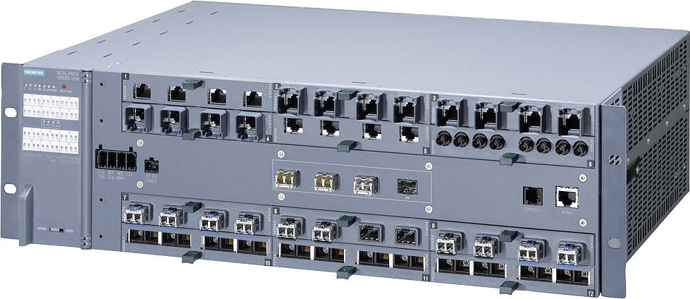 Network switch with multiple Ethernet ports and optical fibres, used in IT infrastructures for data management and transmission.