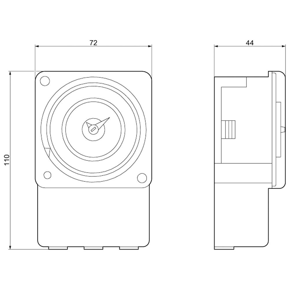 Technical drawing of a square component with dimensional units: Front view shows 72 mm width and 110 mm height; Side view 44 mm depth.