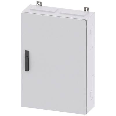 Grey metal cabinet with a black handle on the front, wall-mounted. Suitable for industrial or technical applications.