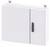 White metal distribution cabinet with two doors and a black handle in the centre. Suitable for wall mounting.