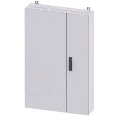 Grey, rectangular electrical cabinet with two doors and a black handle, mounted on the wall.