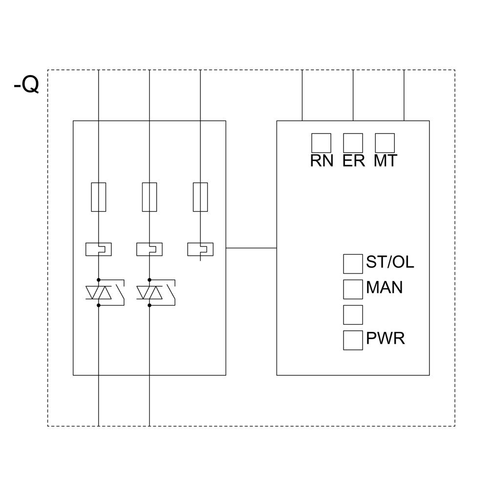 Circuit diagram with three fuses, connected to a control unit. Control unit displays 'RN', 'ER', 'MT', 'ST/OL', 'MAN', 'PWR'.