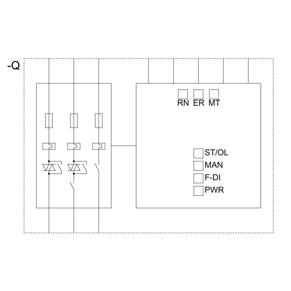 Circuit diagram with two blocks, left with switches, right with indicator lights RN, ER, MT. Checkboxes: 'ST/OL', 'MAN', 'F-DI', 'PWR'.