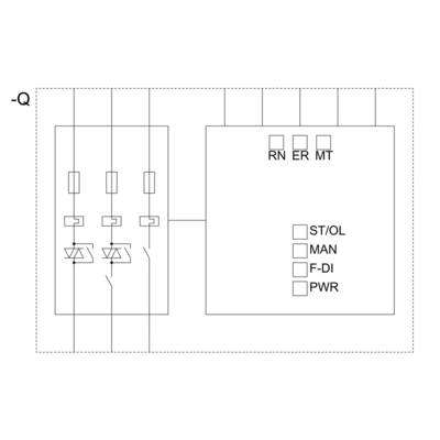 Circuit diagram with two areas; left: switches and symbols; right: rectangle with checkboxes for 'ST/OL', 'MAN', 'F-DI', 'PWR' and indicators 'RN', 'ER', 'MT'.
