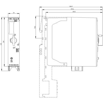 Technical drawing of a device with dimensions in mm. Shows front view and side view with switch positions and mounting points.