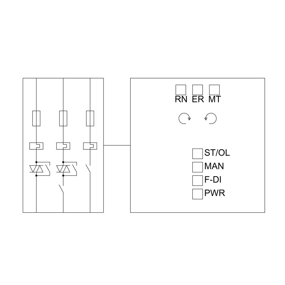Diagram of an electrical circuit with three switches on the left connected to a control box on the right. The box displays RN, ER, MT lights and buttons: ST/OL, MAN, PWR.