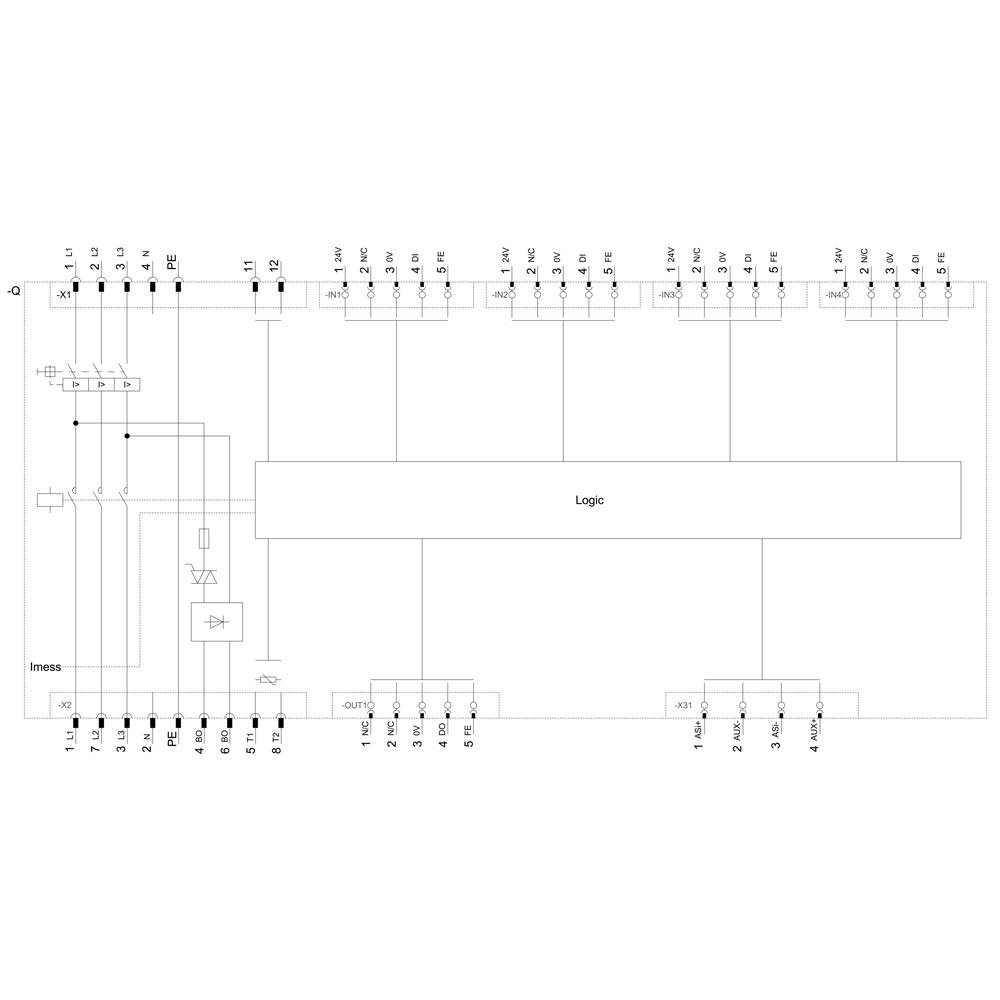 Circuit diagram of an electronic device with input and output pins and a logic component. Connections to power supply and functional units are shown.