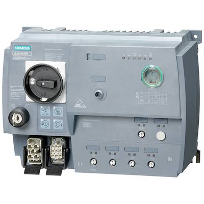 Grey industrial control switch, surrounded by multiple connections and buttons. Warning symbol and Siemens logo in the top left.