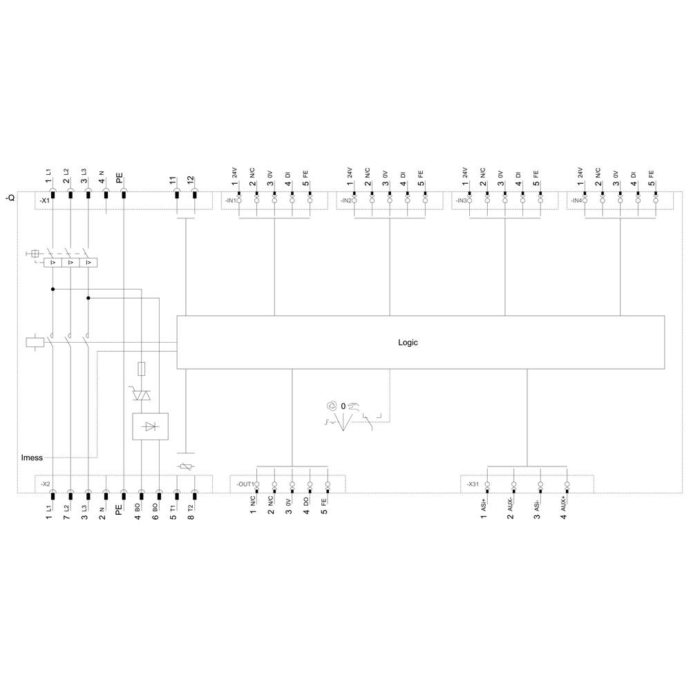 'Circuit diagram of a logic integrated circuit with marked inputs and outputs, transistors, and connections. Interconnection and signal paths are shown.'