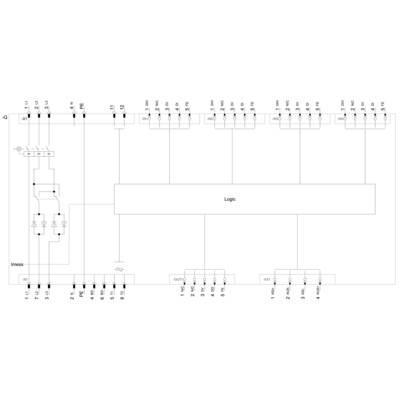 'Circuit diagram of an electronic system with input, logic module, and output. Components are interconnected by conductors.'
