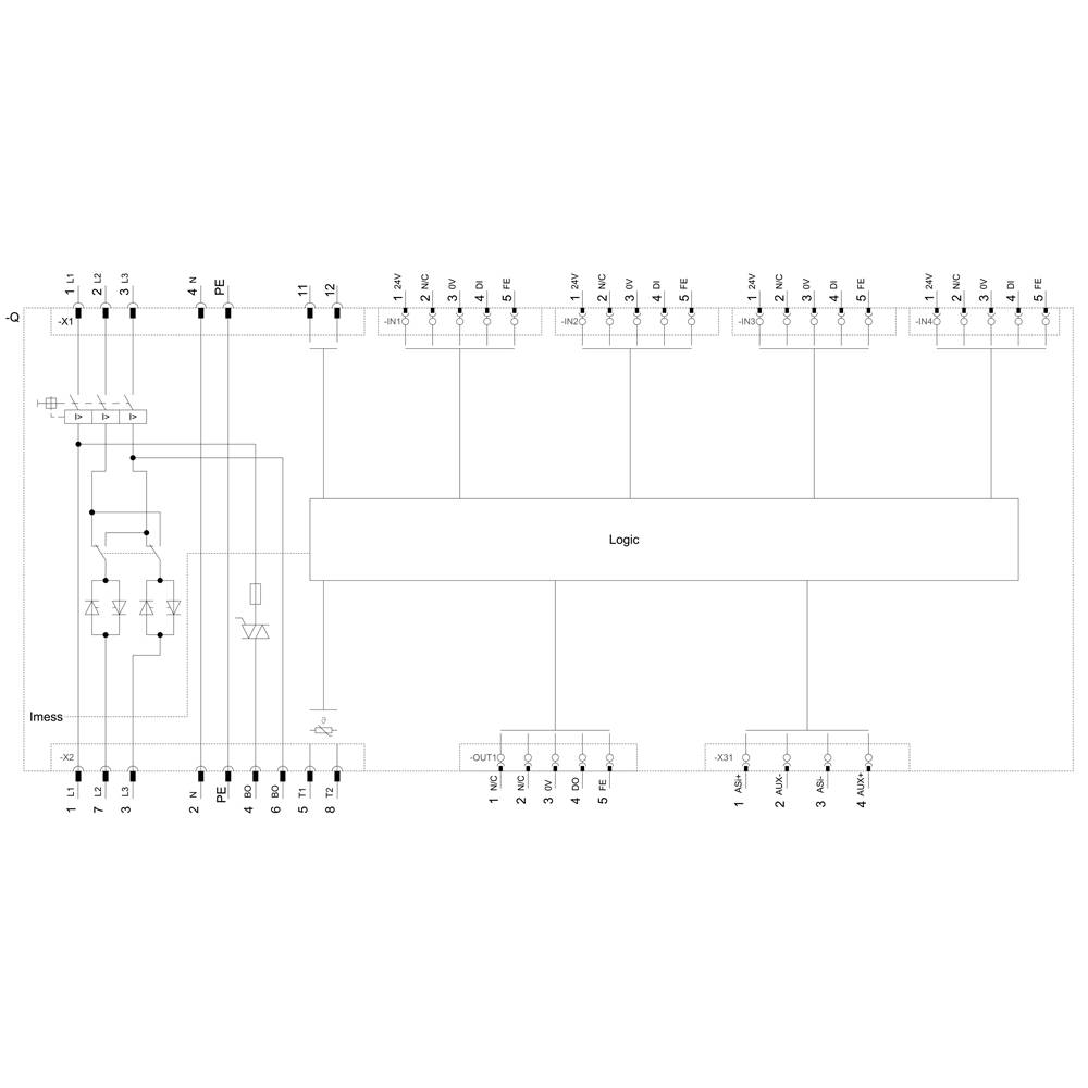 Diagram of an electrical circuit with a logic module, various components and connections; shows current flow and logic control.