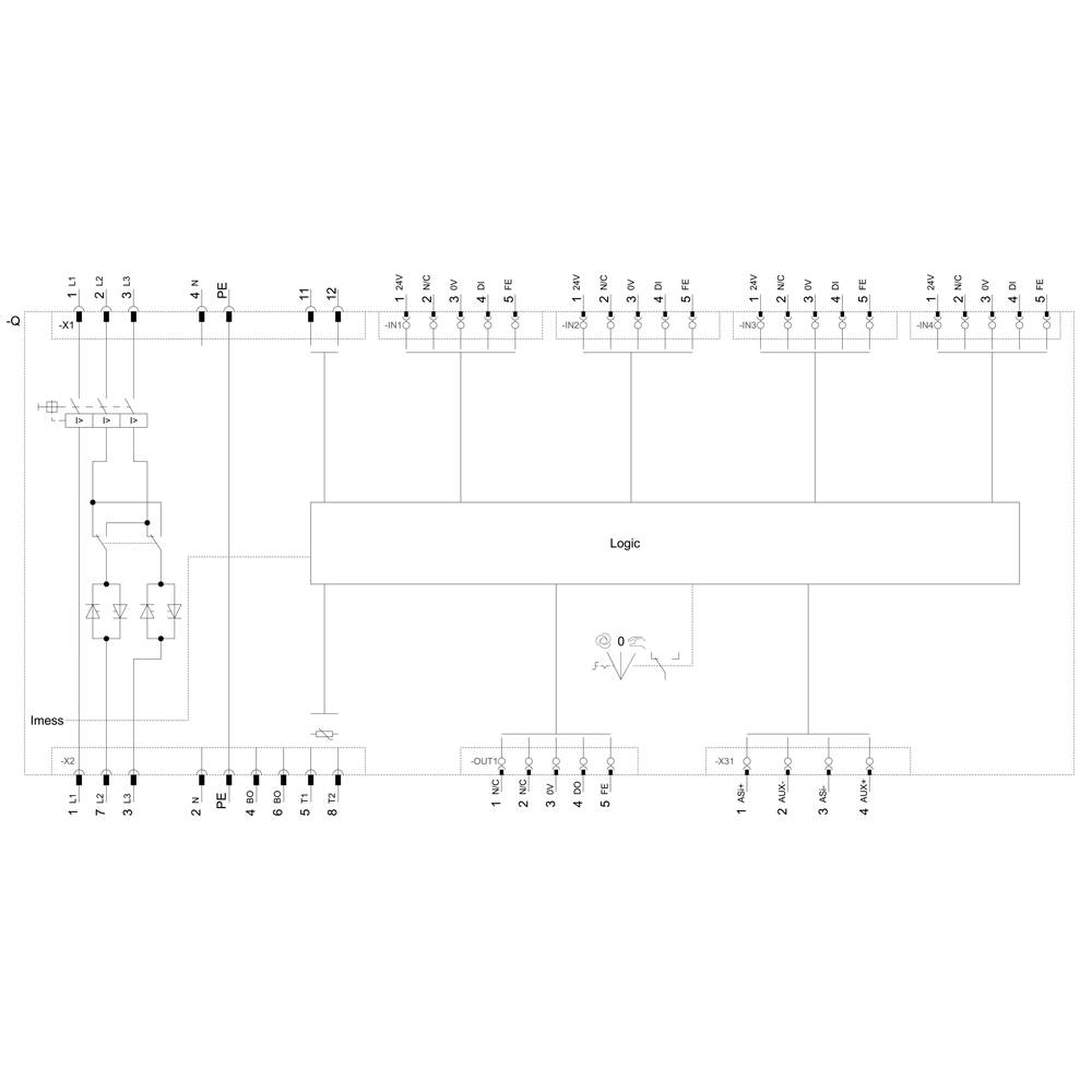 Circuit diagram of an electronic system with a logic module in the centre. Input and output connections are marked.