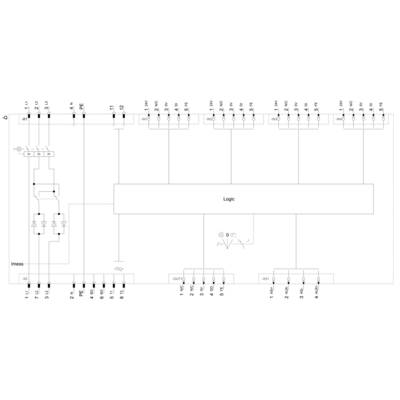Circuit diagram of an electronic system with a logic module in the centre. Input and output connections are marked.