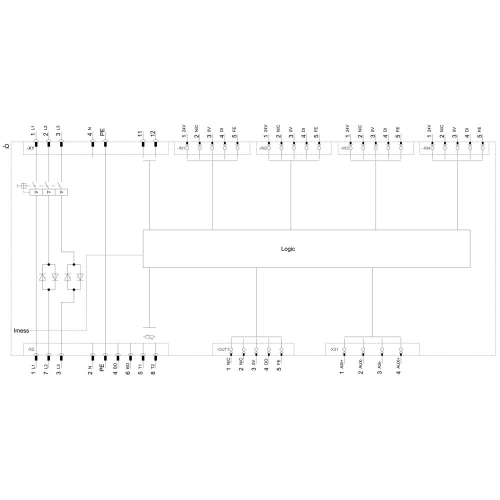 Flow diagram of a logic circuit with multiple input and output connections, including logical switches and relays.