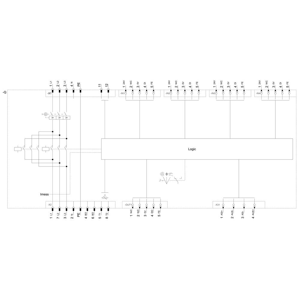Circuit diagram of a digital logic circuit with inputs, outputs, and a logical control block in the centre. Main pathways connected.