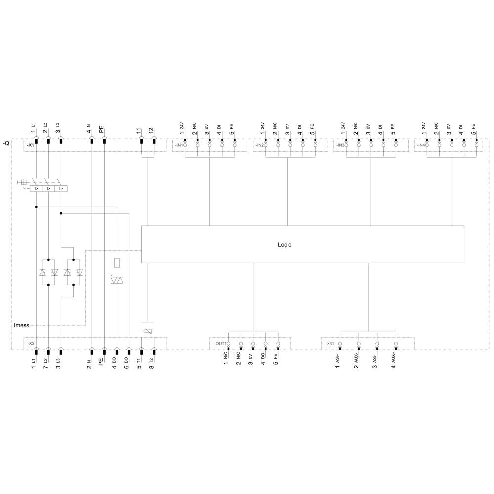 'Block diagram of an electronic circuit with input and output interfaces, logic unit, and numerous connection lines.'