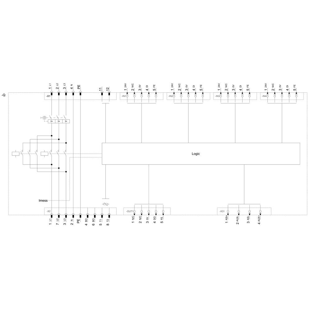 Schematic diagram of a microprocessor showing its components and connection pins, illustrating the logic centre and connections to inputs and outputs.