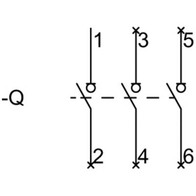 Electrical circuit diagram shows contacts connected in series: top row '1', '3', '5'; bottom row '2', '4', '6'; connected with path '-Q'.