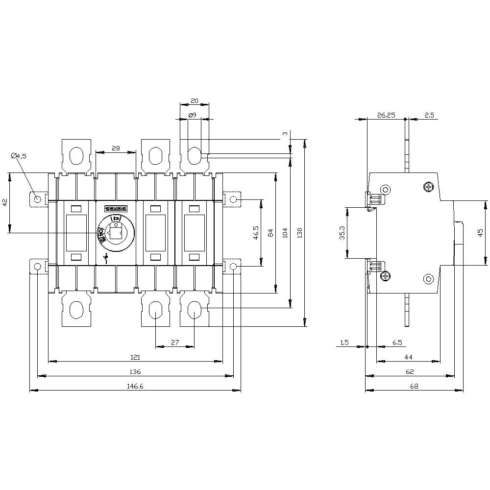 'Technical drawing of an electrical switch showing front and side views. Dimensions and technical details are indicated.'