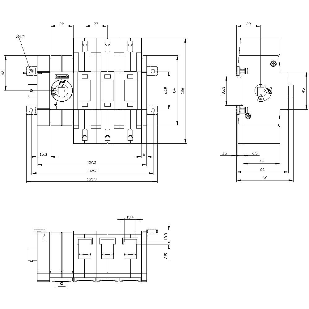 Technical drawing of a circuit breaker with detailed dimensions in millimetres. Shows various views and mounting points.