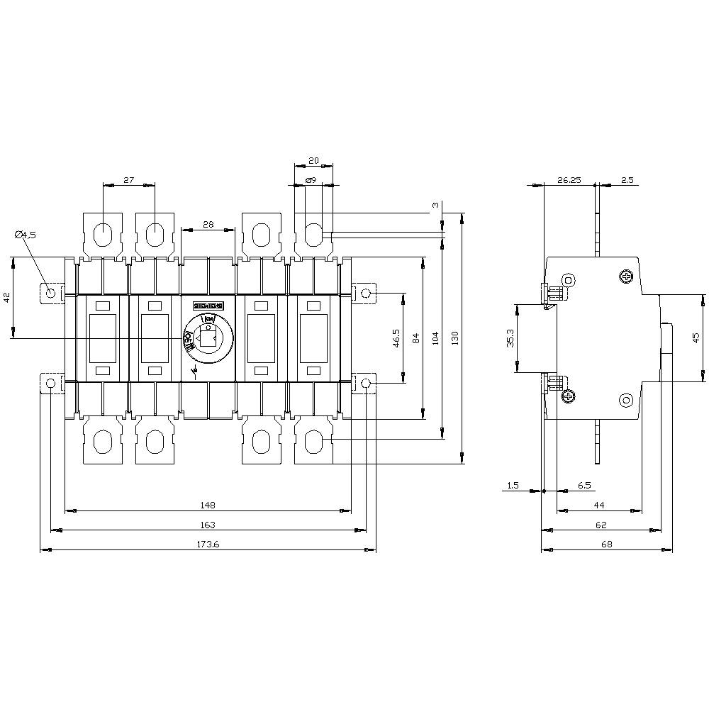 Technical drawing of an electrical switch with front and side views. Dimensions and details of connection points are shown.