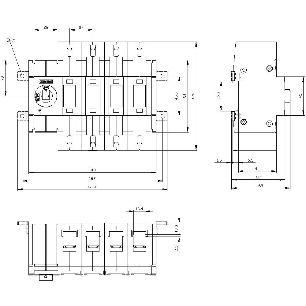 Technical drawing of a switch with precise dimensions in millimetres. Shows top view, side view, and front view.
