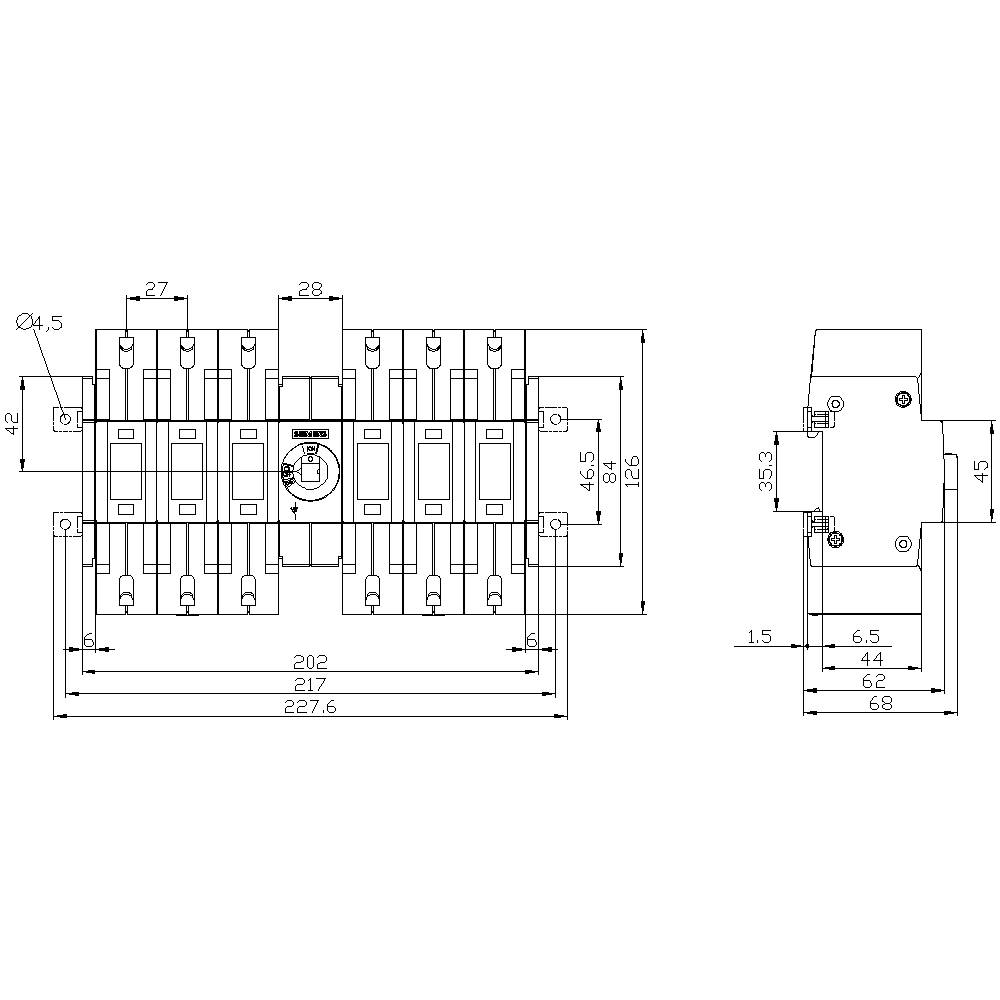 Circuit diagram of an electrical component assembly with dimensions and side view. Detailed measurements in millimetres.
