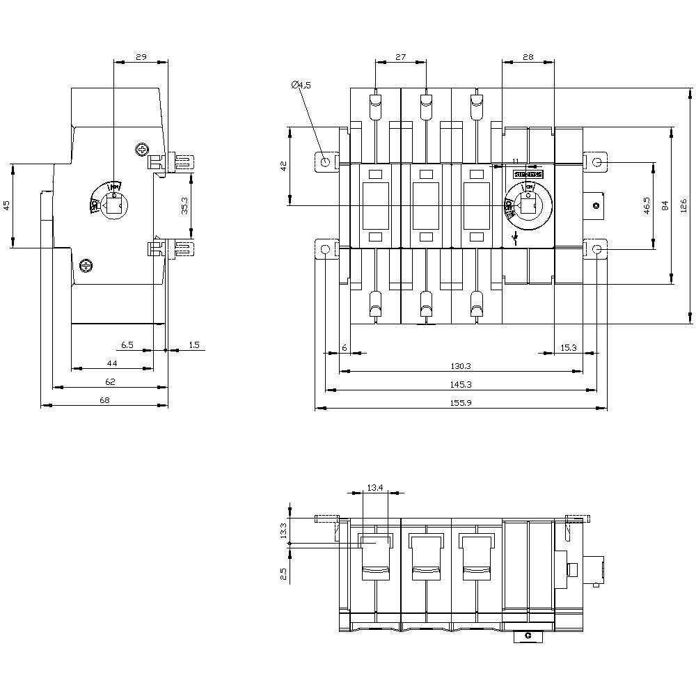 Technical drawing of an electrical switch with dimensional specifications in three views: front view, top view, and side view.