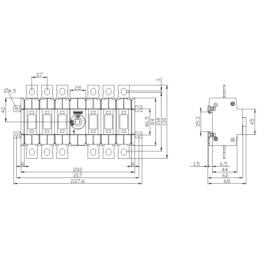 Technical drawing of an electrical switch with dimensions and connection data, top and side view.
