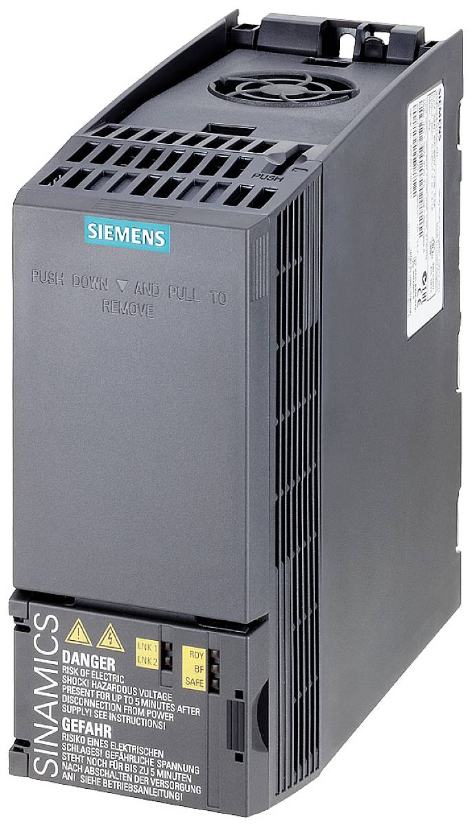 Siemens frequency converter, Sinamics model, is used for controlling electric motors. Black, rectangular device with ventilation slots.