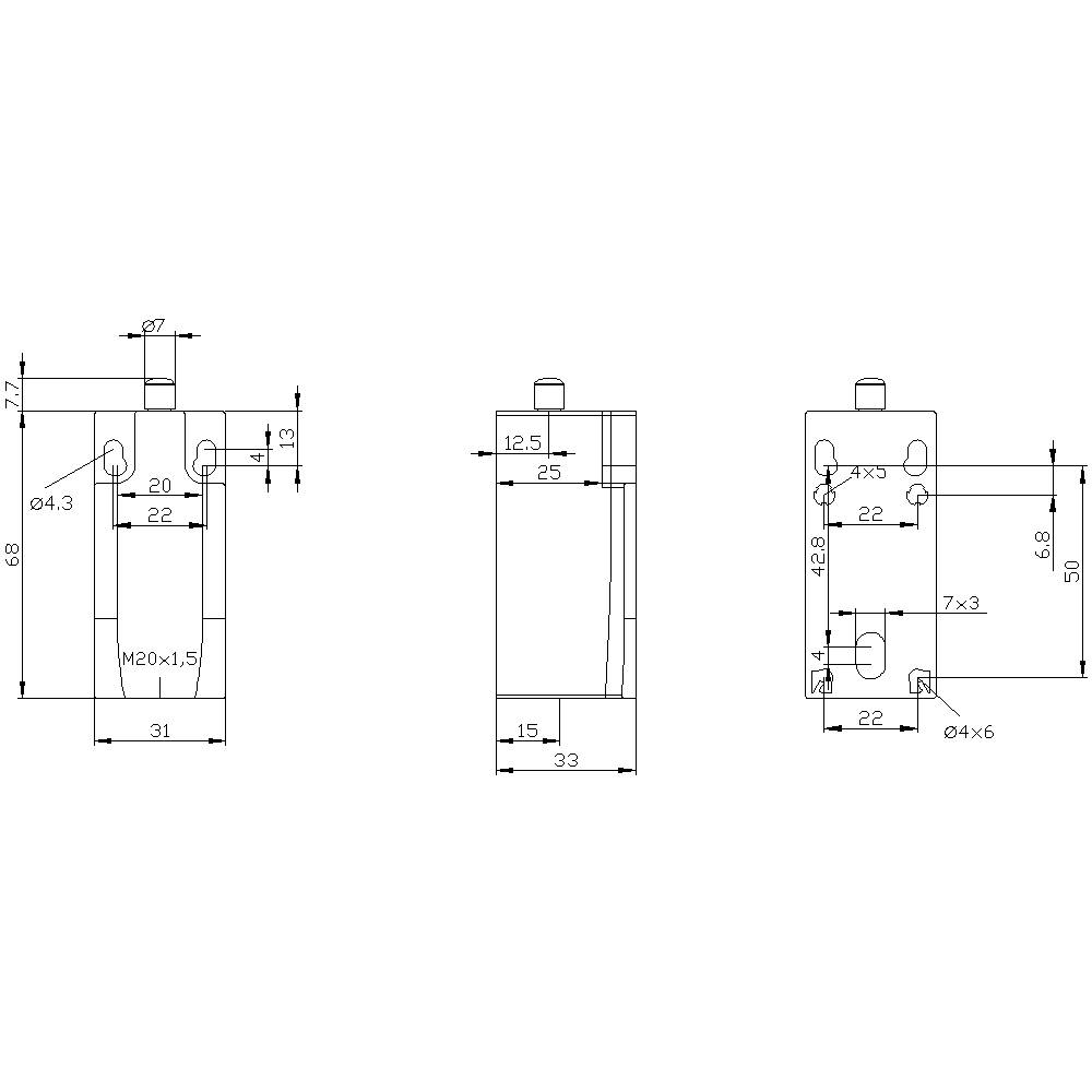 Technical drawing of a component with dimensions in millimetres. Front, side, and top views are shown with precise measurements.