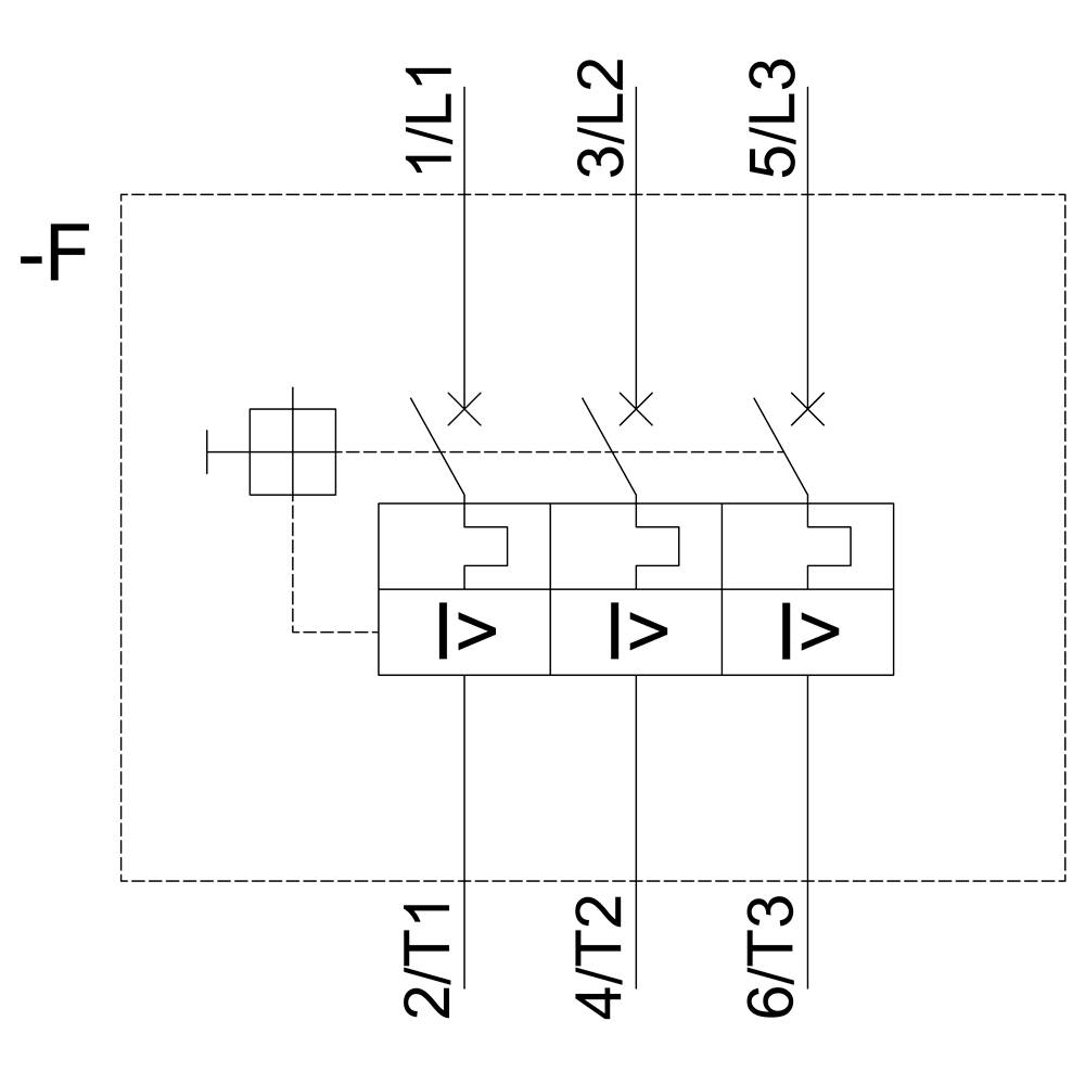 Switching symbol of a power circuit breaker with three main contacts (1/L1, 3/L2, 5/L3) and three auxiliary contacts (2/T1, 4/T2, 6/T3).