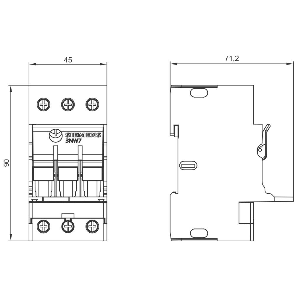 Technical drawing of a three-pole circuit breaker, dimensions 90x45 mm. Side view shows lever; front view shows terminal connections.