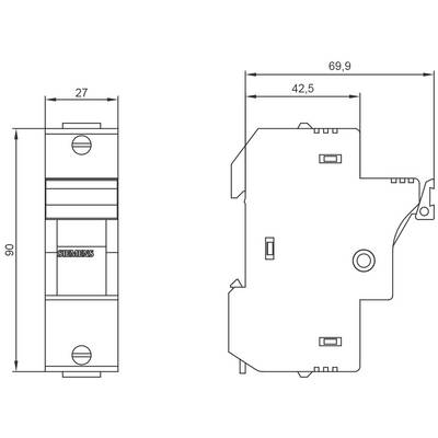 'Technical drawing of a circuit breaker. Dimensions: 90mm height, 27mm width, 69.9mm depth. Side view shows mounting unit.'