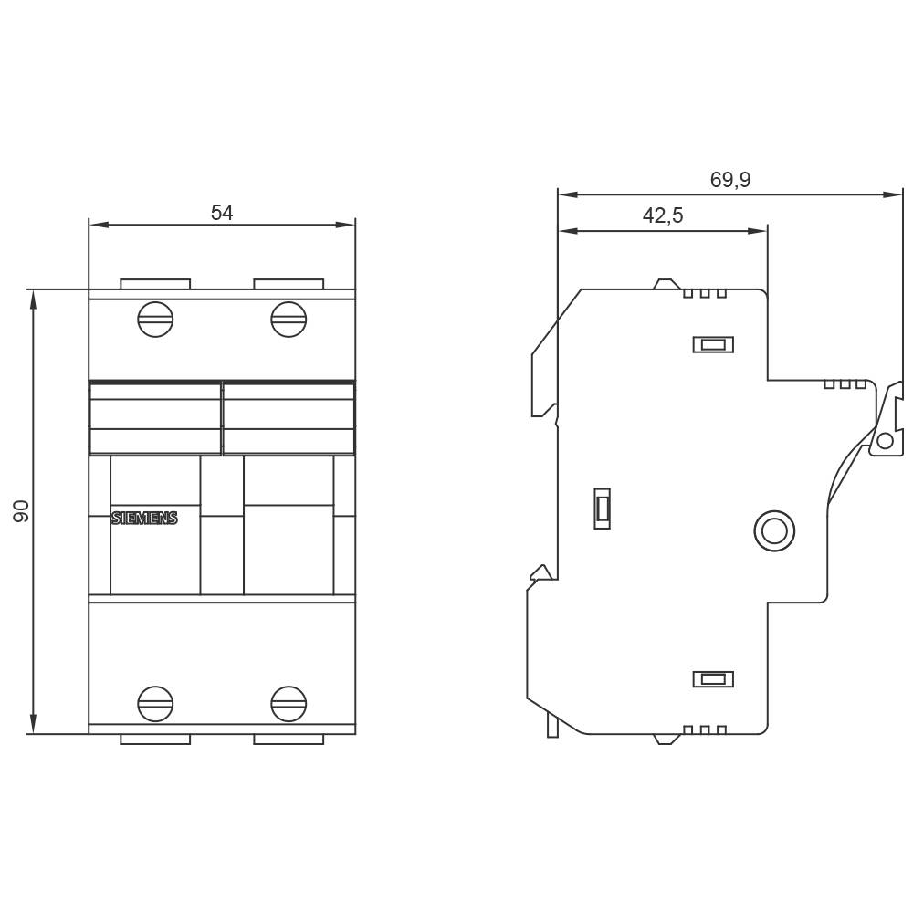 Technical drawing of a circuit breaker with dimensions: width 54mm, depth 42.5mm, height 90mm; rear view shows detailed design.