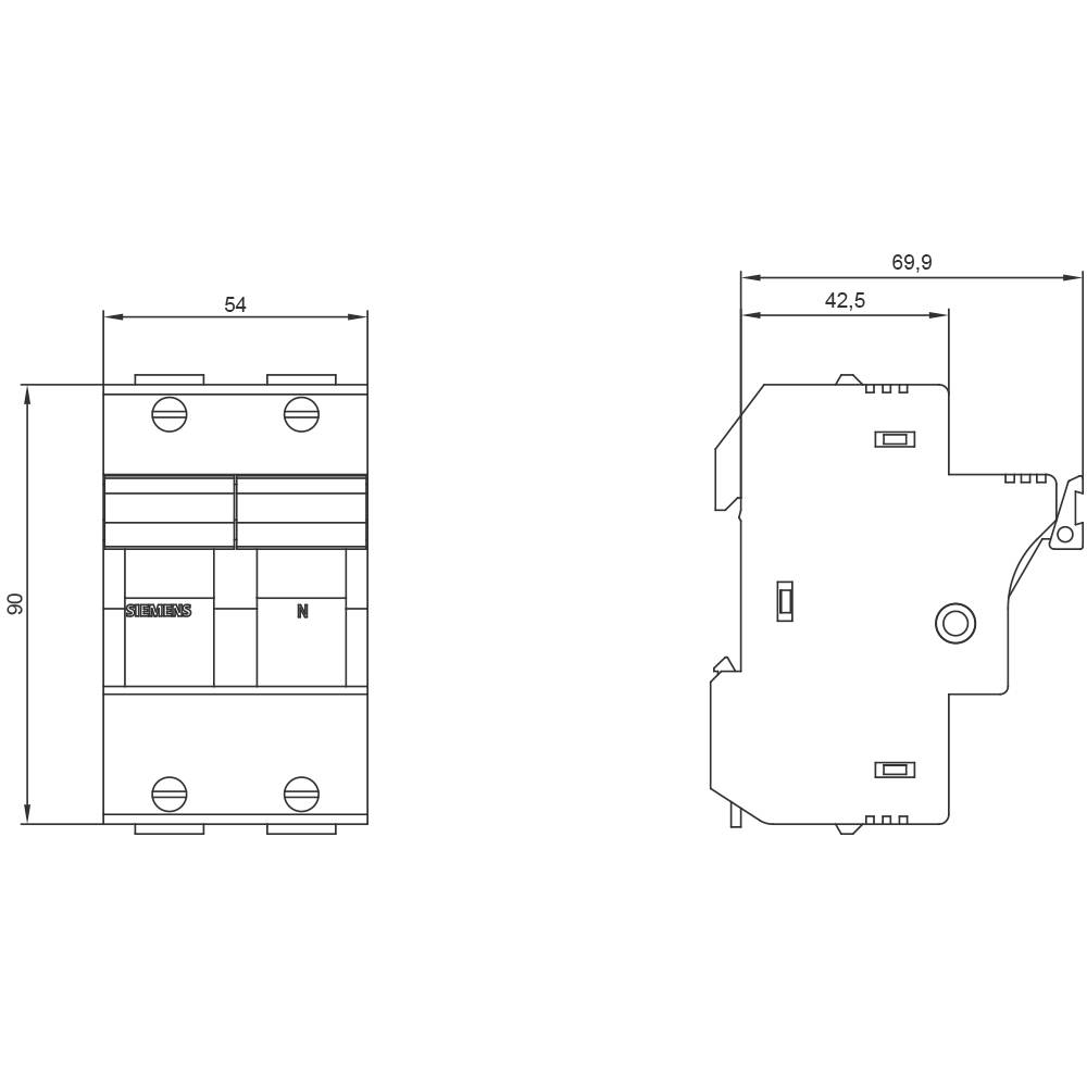 Technical drawing of a two-pole circuit breaker with dimensions. Front view shows width of 54 mm; side view shows depth of 69.9 mm.