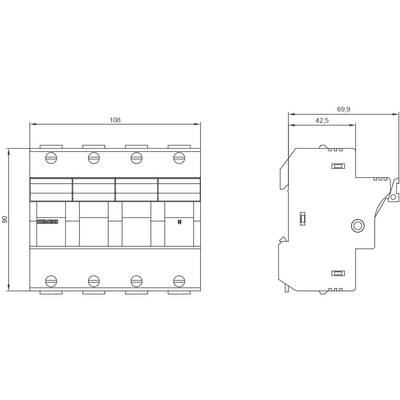Technical drawing of an electrical switch with front and side views. Dimensions: 108 mm width, 90 mm height, 69.9 mm depth.