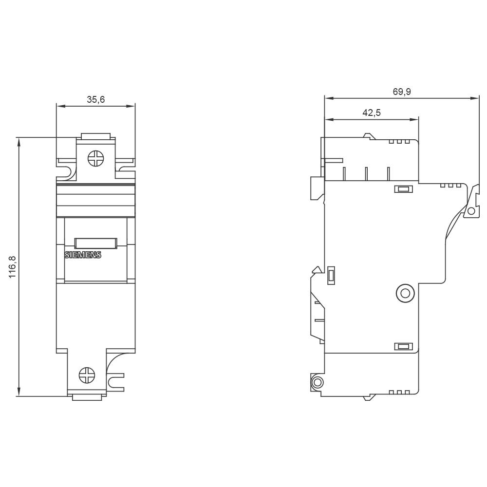 Drawing of a switching device with dimensions: height 116.8 mm, width 35.6 mm, depth 69.9 mm. Detailed side and front view.