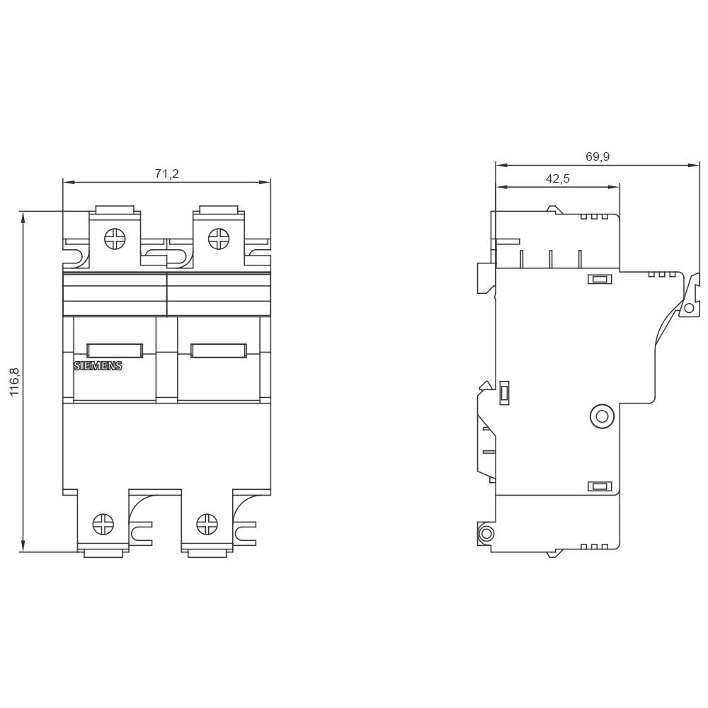 Technical drawing of a two-pole electrical switch with dimensions in millimetres. Shows front and side view.