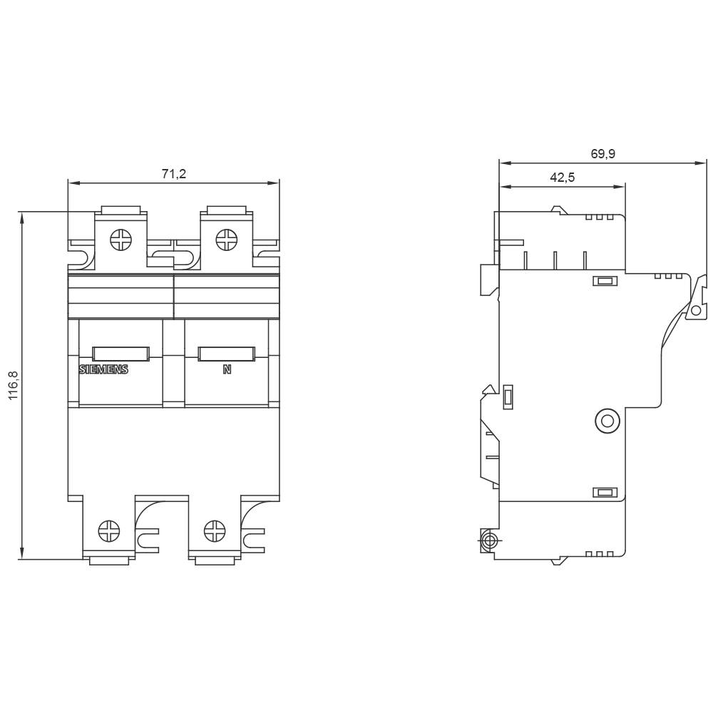 Technical drawing of a two-pole protective switch with dimensions: height 116.8 mm, width 71.2 mm and lateral width 42.5 mm.