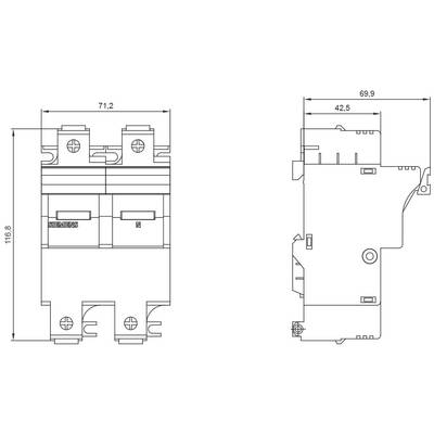 Technical drawing of a two-pole circuit breaker with front and side views. Dimensions shown in millimetres.