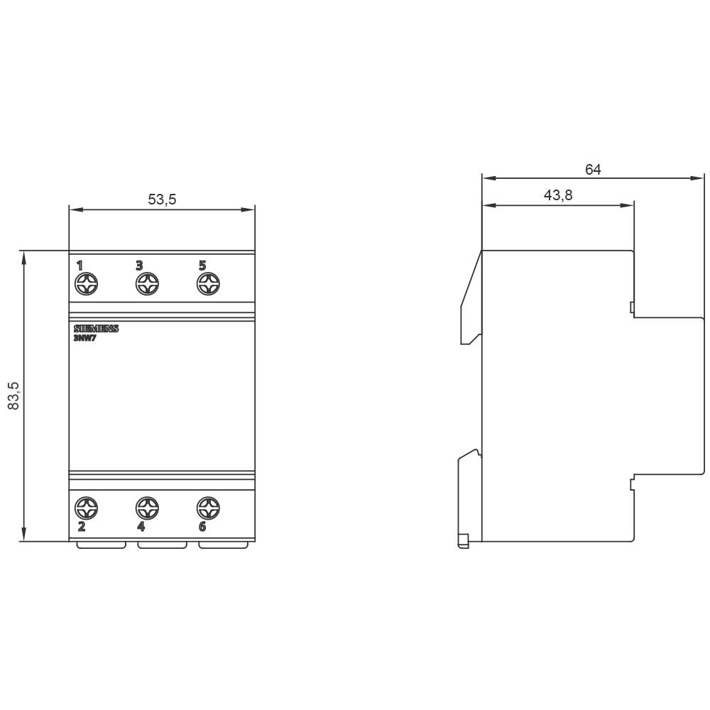 'Switching Device Dimensions' shows front view with terminals and profile view with height (83.5 mm), width (53.5 mm), and depth (64 mm).
