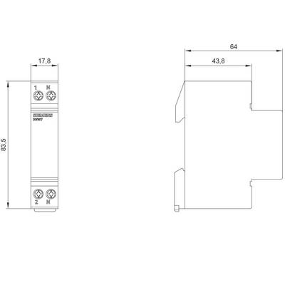Drawing of an electronic component with dimensions: width 17.8 mm, height 83.5 mm, depth 64 mm. Front and side view.